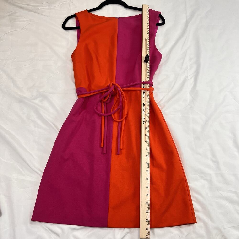 Trina Turk Coco Dress Size 8 Pink Orange Colorblock Sunset Sleeveless Tie Belt - Picture 7 of 12